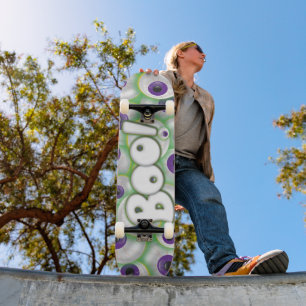 Boo Lettering Purple Glowing Monster Eyeballs Skateboard Deck
