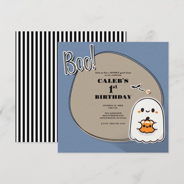 BOO Little Ghost Blue Halloween 1st Birthday Party Invitation (Front/Back)