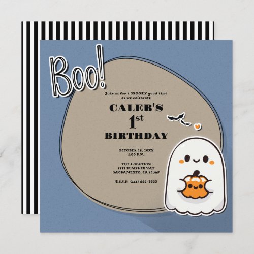 BOO Little Ghost Blue Halloween 1st Birthday Party Invitation