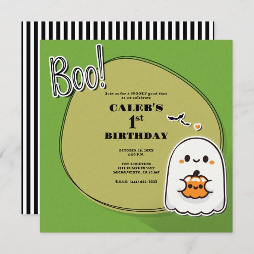 BOO Little Ghost Green Halloween Birthday Party Invitation