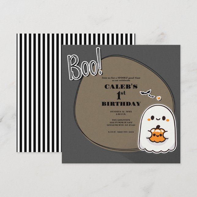 BOO! Little Ghost Grey Halloween 1st Birthday  Invitation (Front/Back)