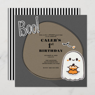 BOO! Little Ghost Grey Halloween 1st Birthday Invitation
