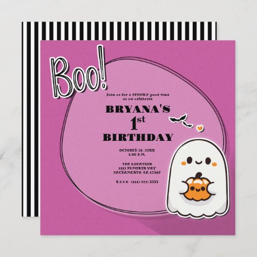 BOO Little Ghost Pink Halloween 1st Birthday  Invitation