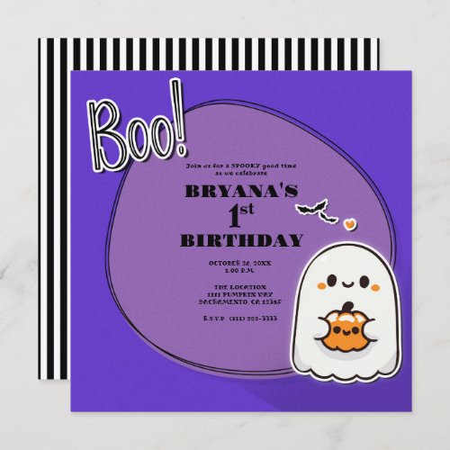 BOO Little Ghost Purple Halloween 1st Birthday  Invitation