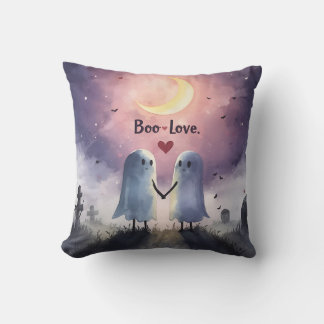 Boo Love Cute Ghost Couple Halloween Throw Pillow