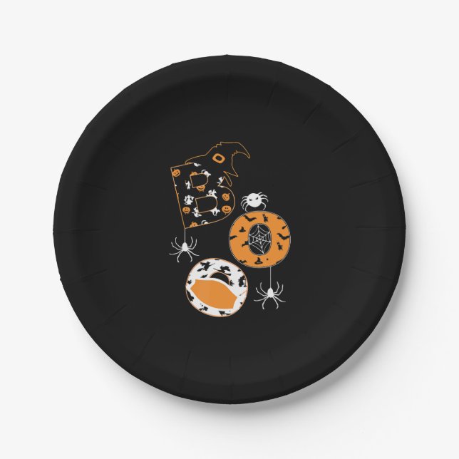 Boo Mask Spider Witch  Pumpkin Pattern Paper Plates (Front)