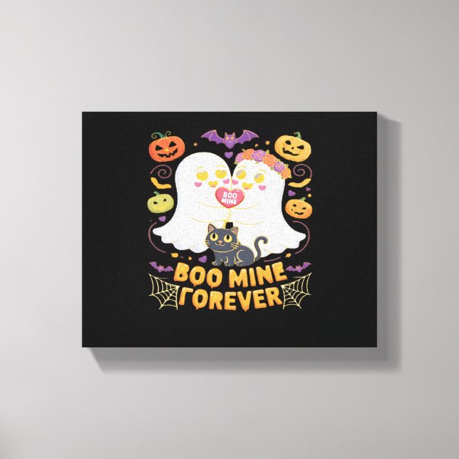 Boo Mine Forever Cute Ghosts Black Cat Love Hallow Canvas Print (Front)