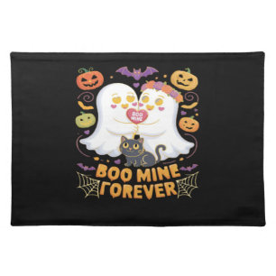 Boo Mine Forever Cute Ghosts Black Cat Love Hallow Cloth Placemat