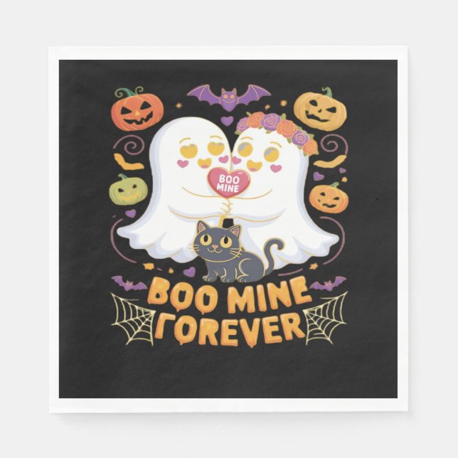 Boo Mine Forever Cute Ghosts Black Cat Love Hallow Napkins (Front)