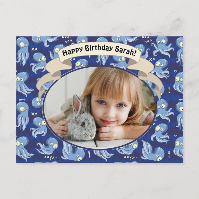 Boo Octopus Blue Cute Kids Birthday Party Invite (Front)