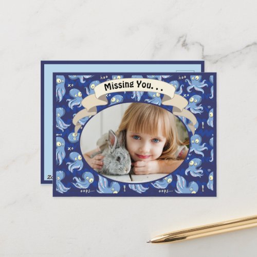 Boo Octopus Blue Cute Kids Missing You Holiday Postcard