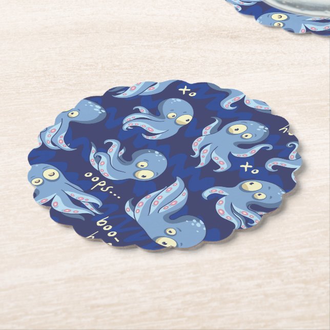 Boo Octopus Blue Kids Clothing & Décor Party Paper Coaster (Angled)