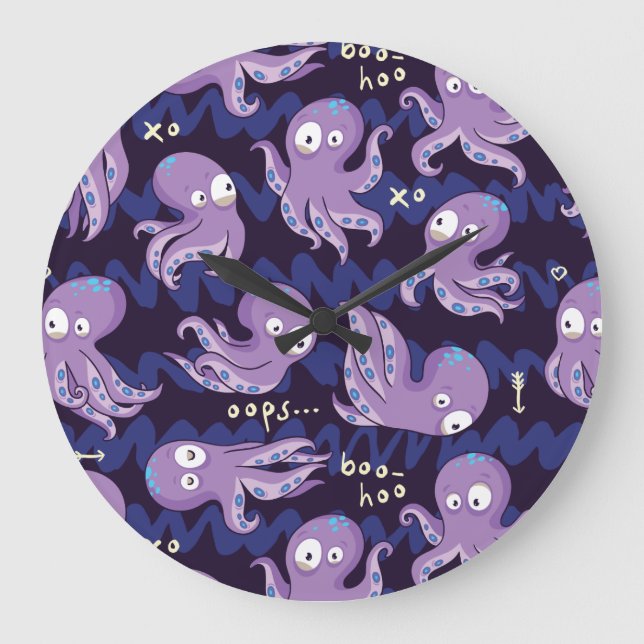 Boo Octopus Cute Purple Kids Clothing & Décor Large Clock (Front)
