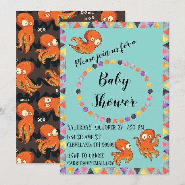 Boo Octopus Orange & Black Baby Shower Invitation (Front/Back)