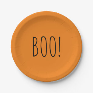 Boo orange and black minimalist simple Halloween  Paper Plates