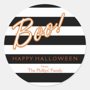 BOO Orange Halloween Black White Striped Party Classic Round Sticker
