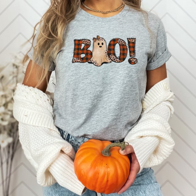 Boo Orange Plaid Halloween T-Shirt (Cute leopard print BOO Halloween shirt)