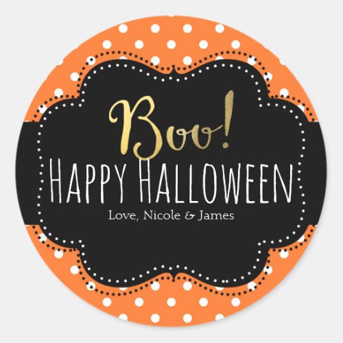 BOO Orange  White Polka Dot Halloween Favor Classic Round Sticker