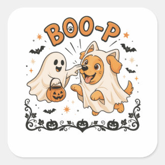 Boo P Ghost and Dog Halloween Design | Cute Ghost Square Sticker