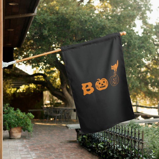 Boo pumpkin face black cat spooky funny Halloween House Flag (In SItu)