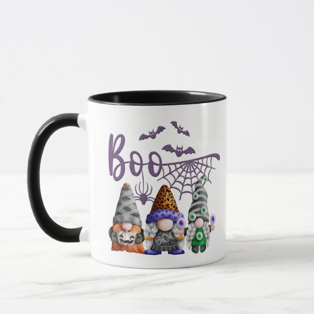 Boo Purple Glitter Halloween Gnomes Mug (Left)