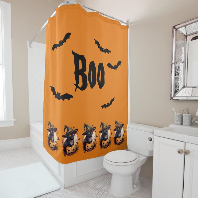 Boo | Scary Black Cat And Jack-o-Lantern Orange  Shower Curtain (In Situ)