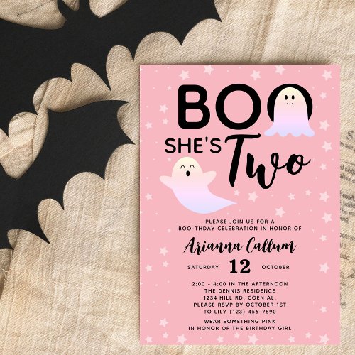 Boo Shes Two Pink Ghost Girls 2nd Birthday Party Invitation