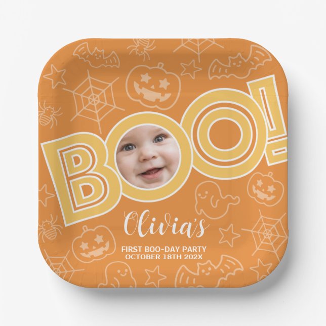 Boo! | Spooktacular Baby Birthday Paper Plates (Front)