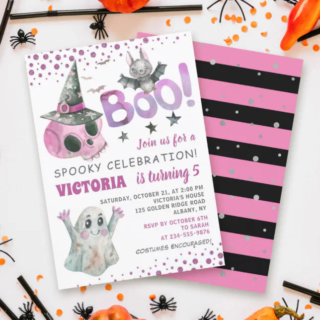 Boo Spooky Pink Skull Girl Halloween Birthday Invitation | Zazzle