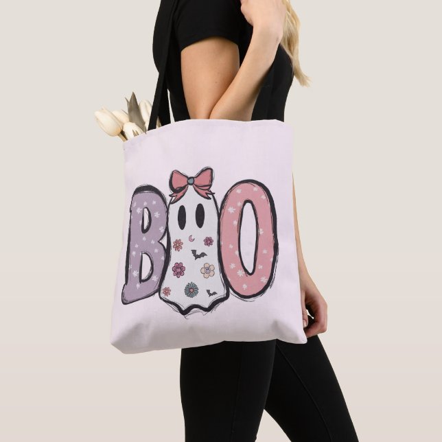 Boo Super Cute Ghost Pastel Pink Halloween Tote Bag (Close Up)