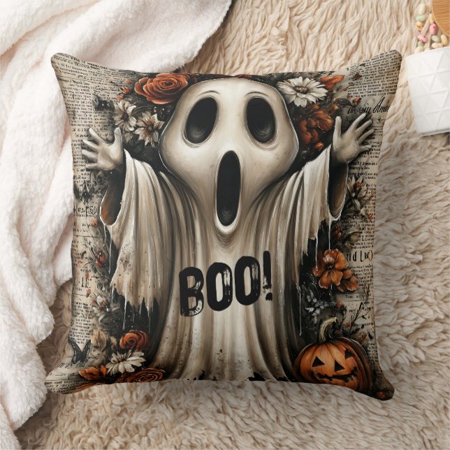 BOO-tanical Bloom: The Ghost Who Cried Autumn Throw Pillow (Blanket)