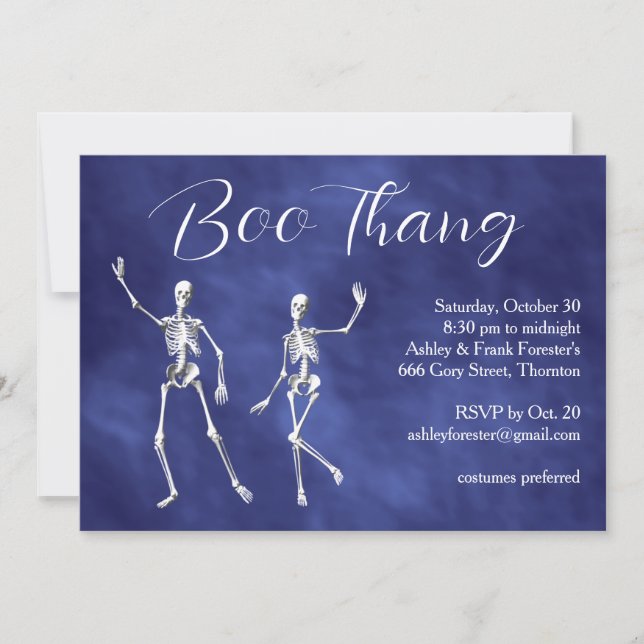 Boo Thang Dancing Skeletons Purple Halloween Party Invitation (Front)