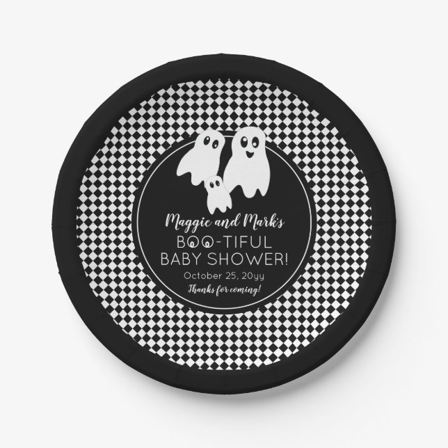 BOO - TIFUL Baby Shower BW Halloween Thank You Paper Plates (Front)