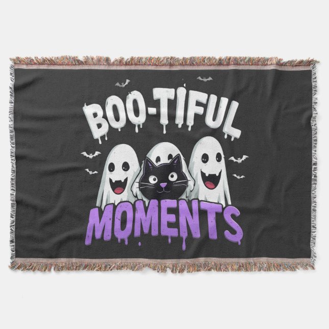 👻🎃 Boo-Tiful Halloween Ghost Bat Cozy Spooky 🦇  Throw Blanket (Front)