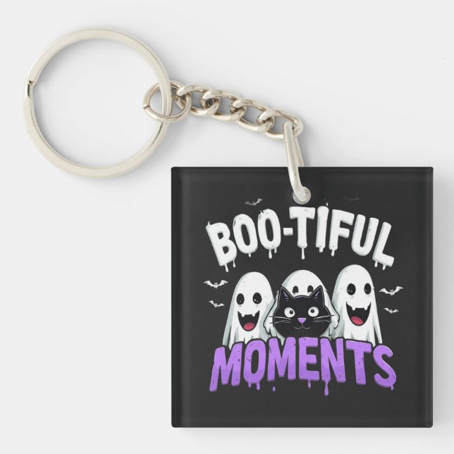 Boo-Tiful Moments Cute Halloween Ghosts and Bats Keychain (Front)