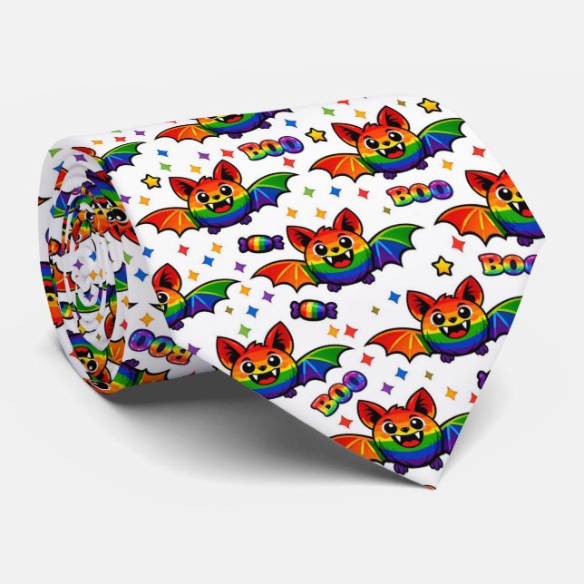 🦇🌈 BOO‑tiful Rainbow Bat Candy Necktie (Rolled)