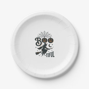 Boo-tiful Witch Halloween Vintage Engraving Design Paper Plates