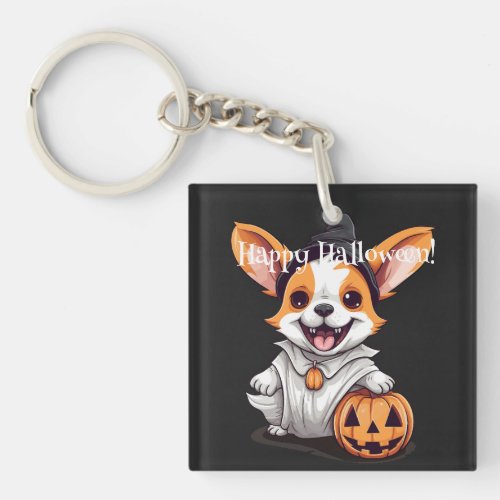 Boo_tifully Playful Ghost Dog Halloween Pumpkin Keychain