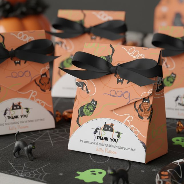 Boo-tifully Tangled Black Cats and Yarn Halloween Favor Boxes (Cute Black Cats Favor Boxes for Kids Birthday. Whimsical Black Kittens Playing with Halloween Yarn)
