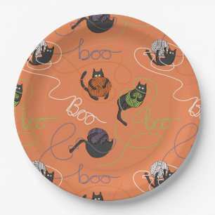 Boo-tifully Tangled Black Cats and Yarn Halloween Paper Plates