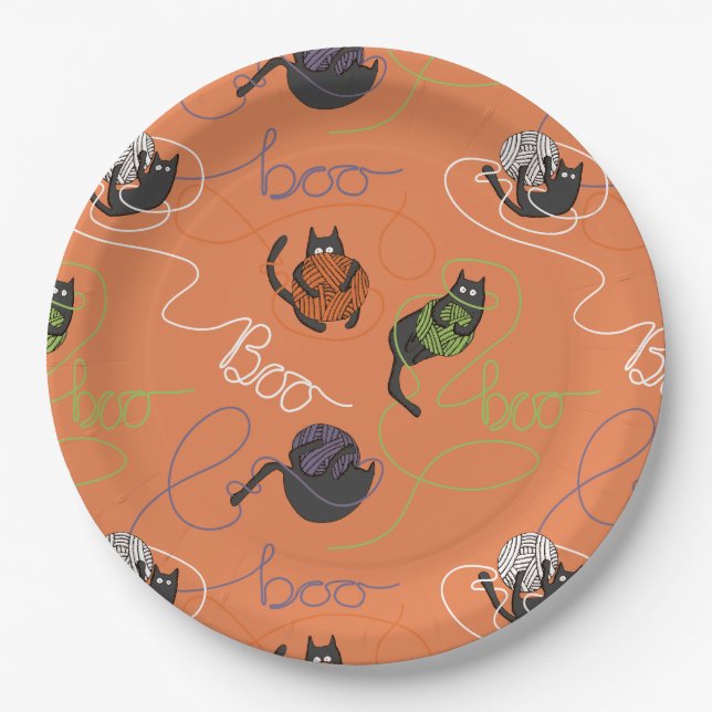 Boo-tifully Tangled Black Cats and Yarn Halloween Paper Plates (Front)