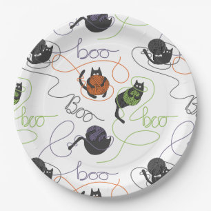 Boo-tifully Tangled Black Cats and Yarn Halloween Paper Plates