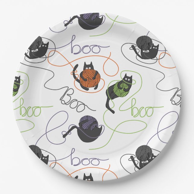 Boo-tifully Tangled Black Cats and Yarn Halloween Paper Plates (Front)