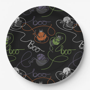 Boo-tifully Tangled Black Cats and Yarn Halloween Paper Plates