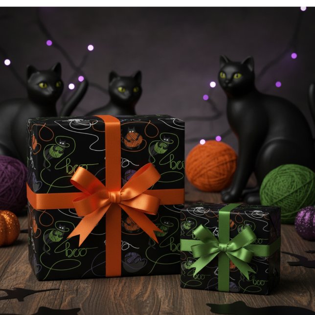 Boo-tifully Tangled Black Cats and Yarn Halloween Wrapping Paper (Cute Spooky Black Cats Tangled in Yarn Spelling Boo Black Halloween Kids Gift Wrap for Cat Lovers )