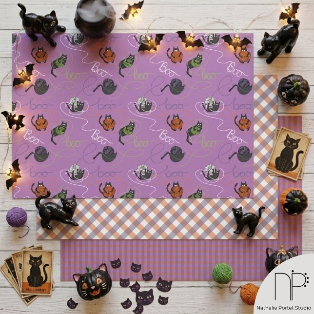 Boo-tifully Tangled Cat Halloween Wrapping Paper Sheets (Hand drawn black cat and yarn wrapping paper for knitters and spooky holiday celebrations)
