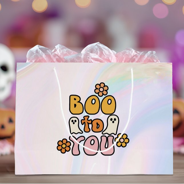 Boo to You Cute Halloween Large Gift Bag (Large pastel swirl Halloween gift bag with retro “Boo to You” text and daisy accents)