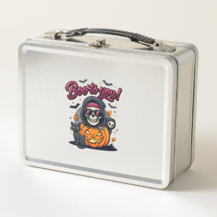 Boo to You Halloween Skeleton Pumpkin Metal Lunch Box