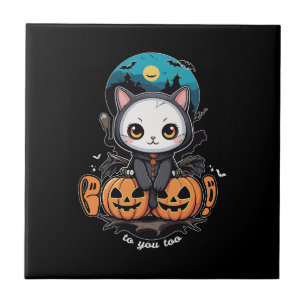 Boo to You Too   Cute Cat Bat Wings & Pumpkin Ceramic Tile