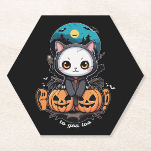 Boo to You Too   Cute Cat Bat Wings & Pumpkin Paper Coaster